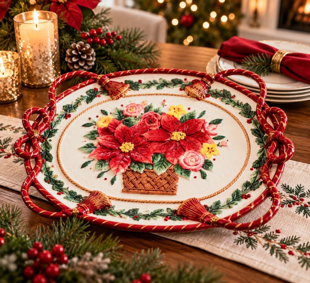 Fitz and Floyd 1995 Christmas Poinsettia Floral Platter 18" Holiday Decor